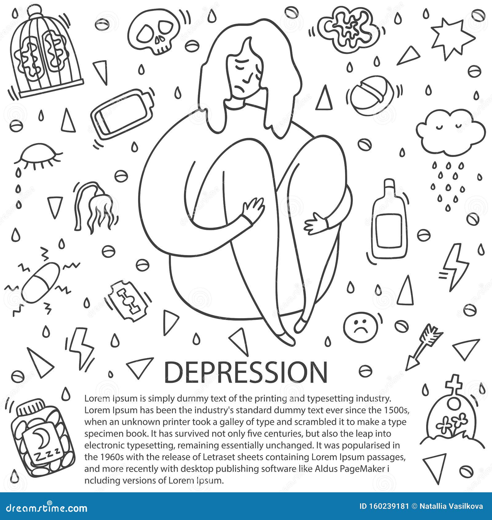 Sad and Depressed Girl Sitting. Depression Girl Doodle Stock Vector ...