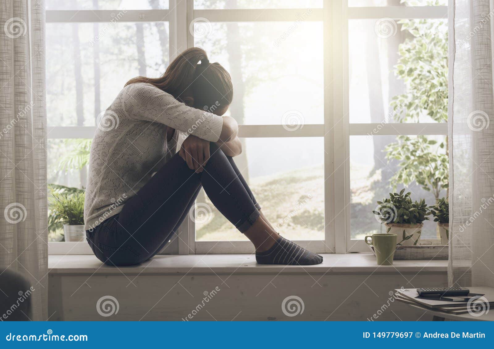 Sad Lonely Woman Sitting at Home Alone Stock Image - Image of ...