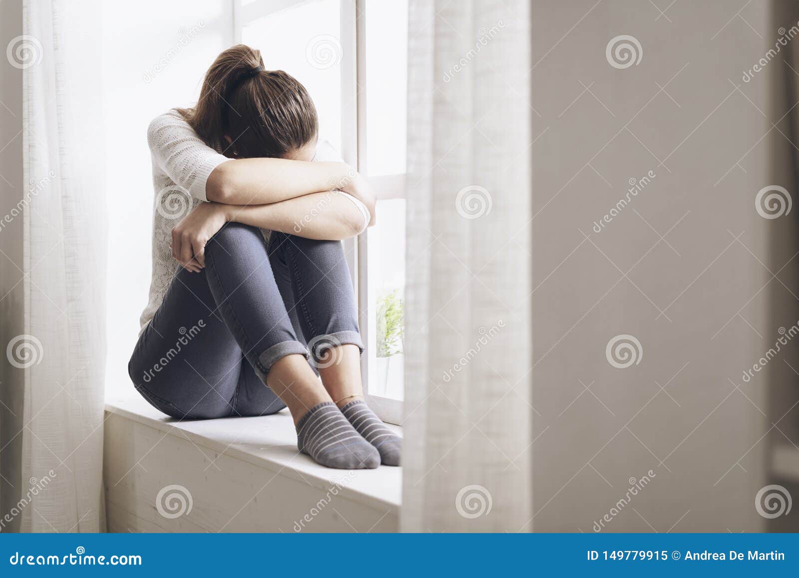 Sad Lonely Woman Sitting at Home Alone Stock Image - Image of ...