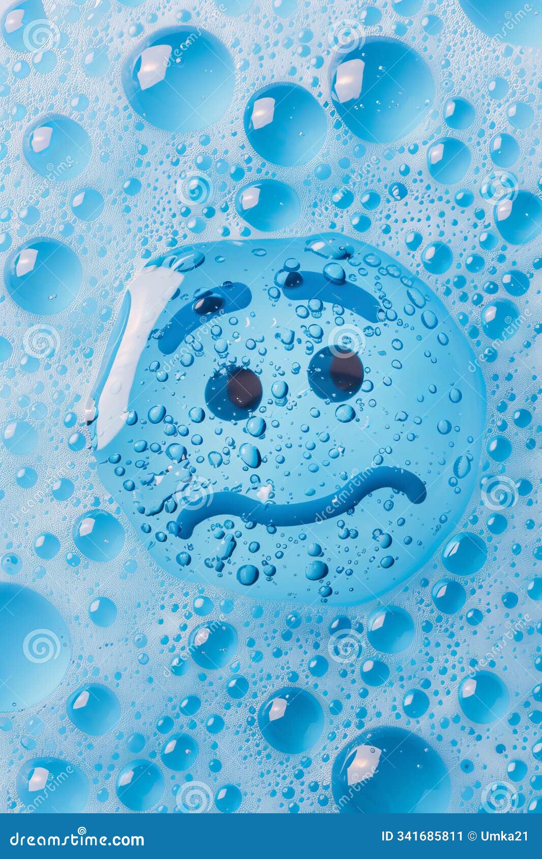 Sad Face Bubble: Expressive Emotions in Soapy Water Drops Stock
