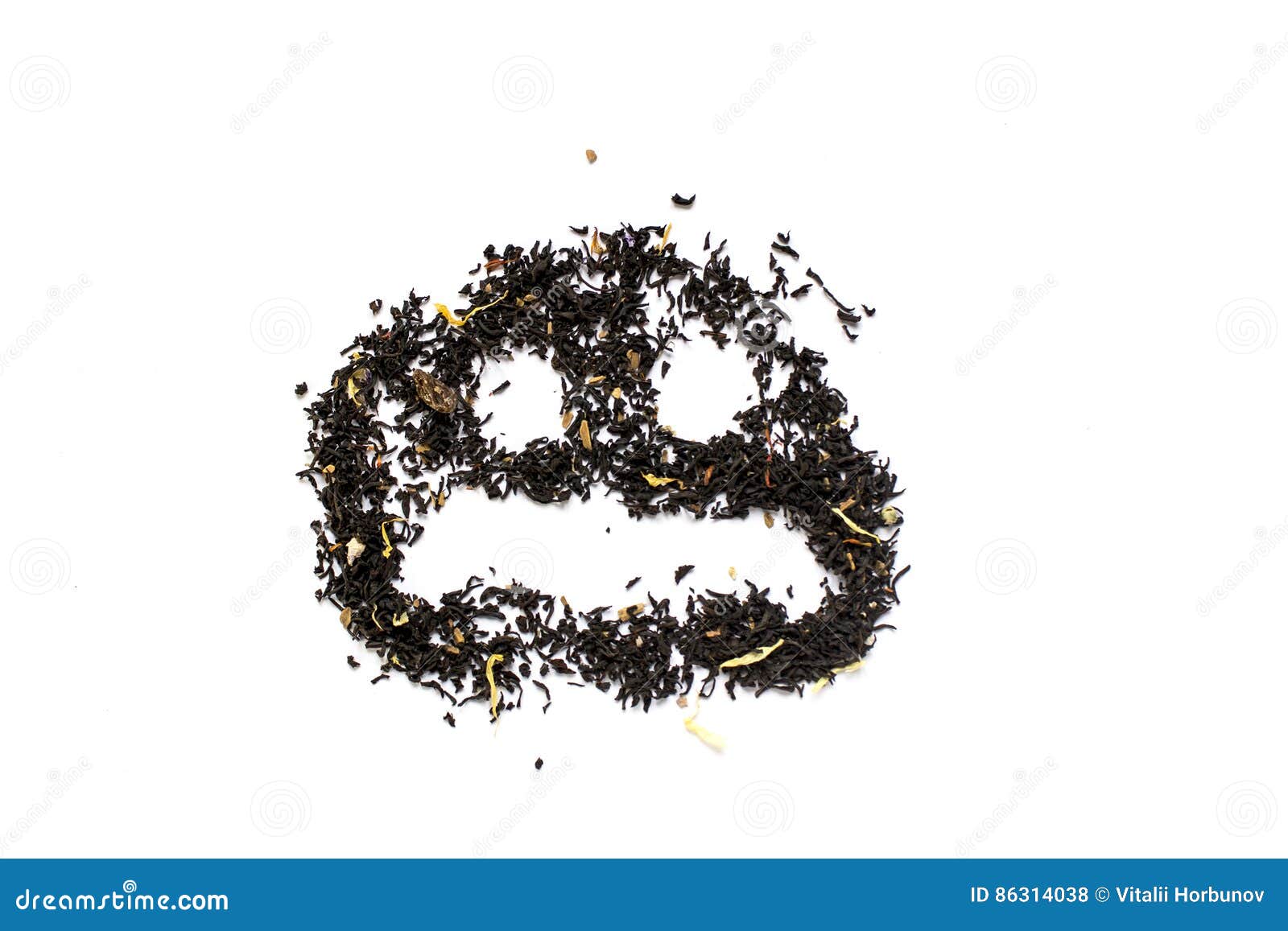 Sad Face Made from Black Tea Leaf on White Background Stock Photo
