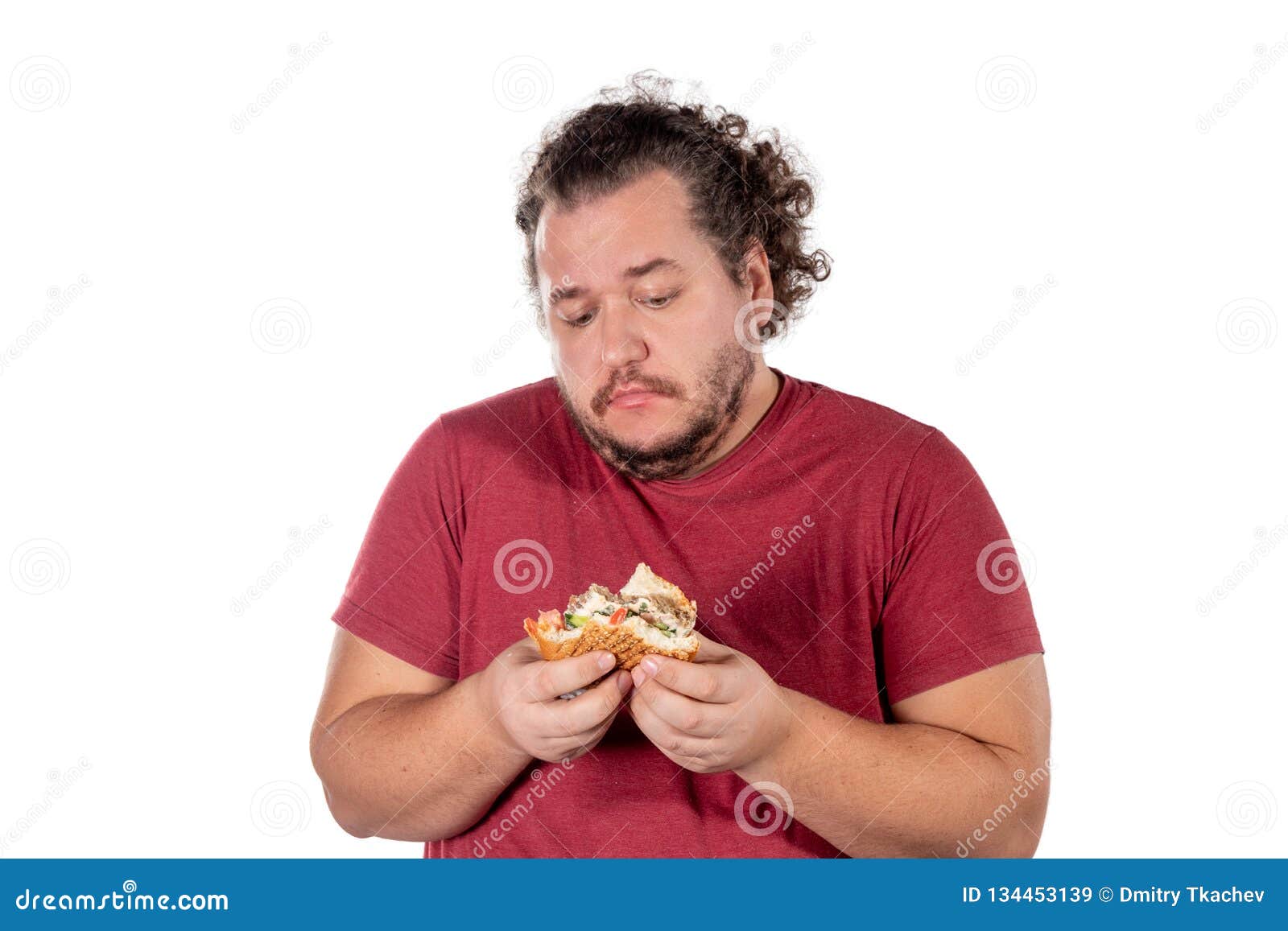 Sad Fat Man Eating Burger. Fast Food, Unhealty Eat. Overweight and ...