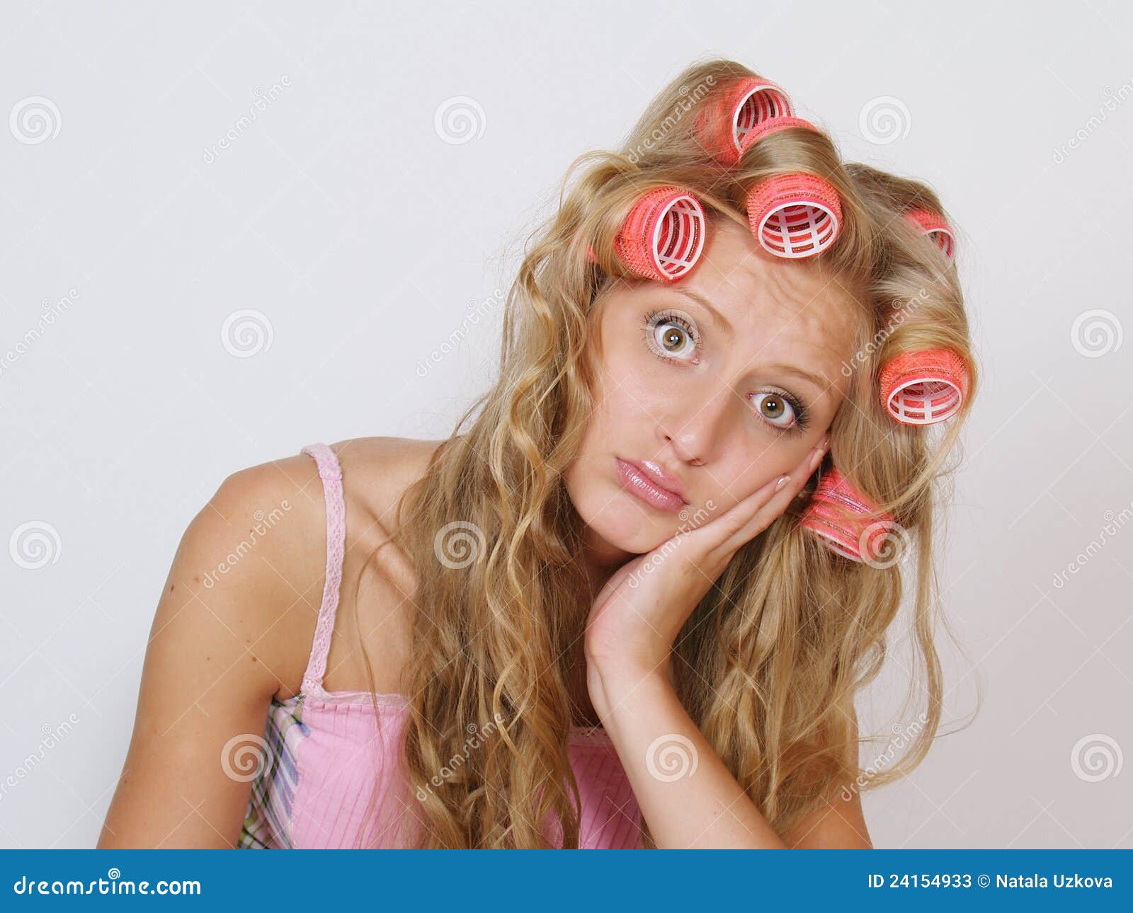 Sad Girl In Hair Curlers On Long Hair Stock Image Image Of