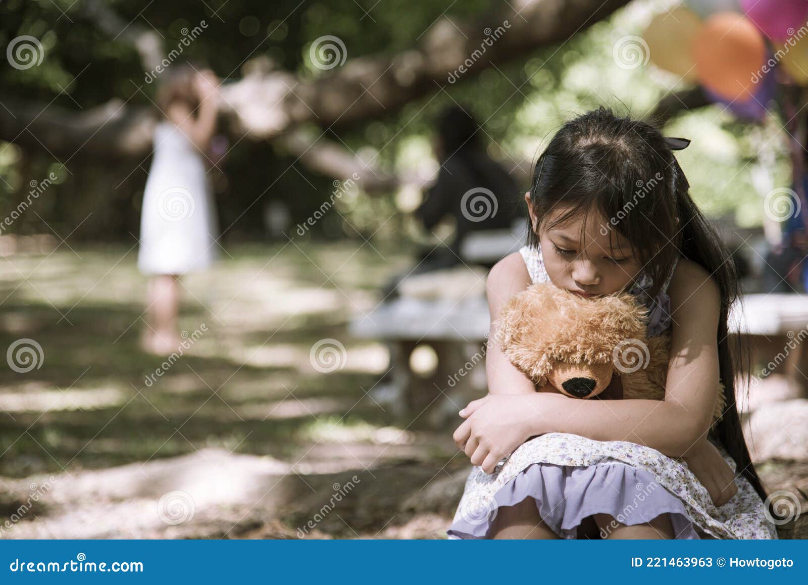 Sad Girl Hugging Teddy Bear Sadness Alone in Green Garden Park ...