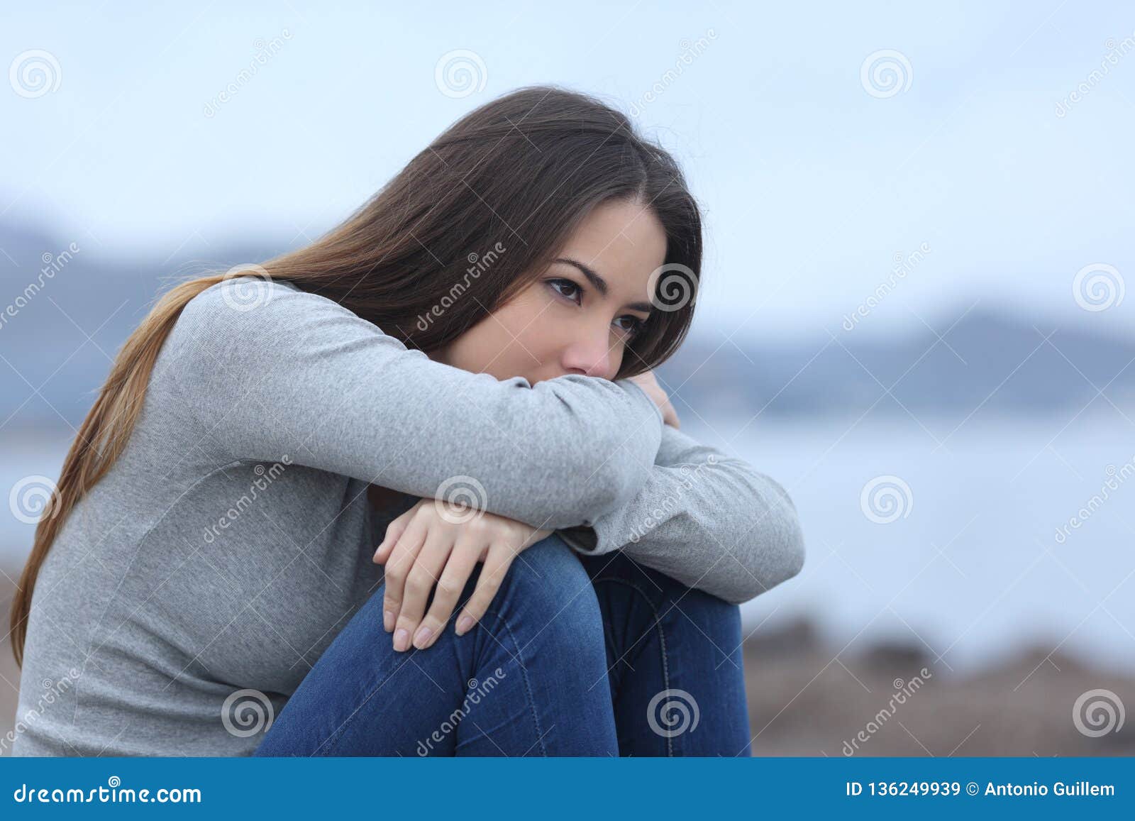 Sad Girl Looking Away Alone on the Beach Stock Image - Image of ...