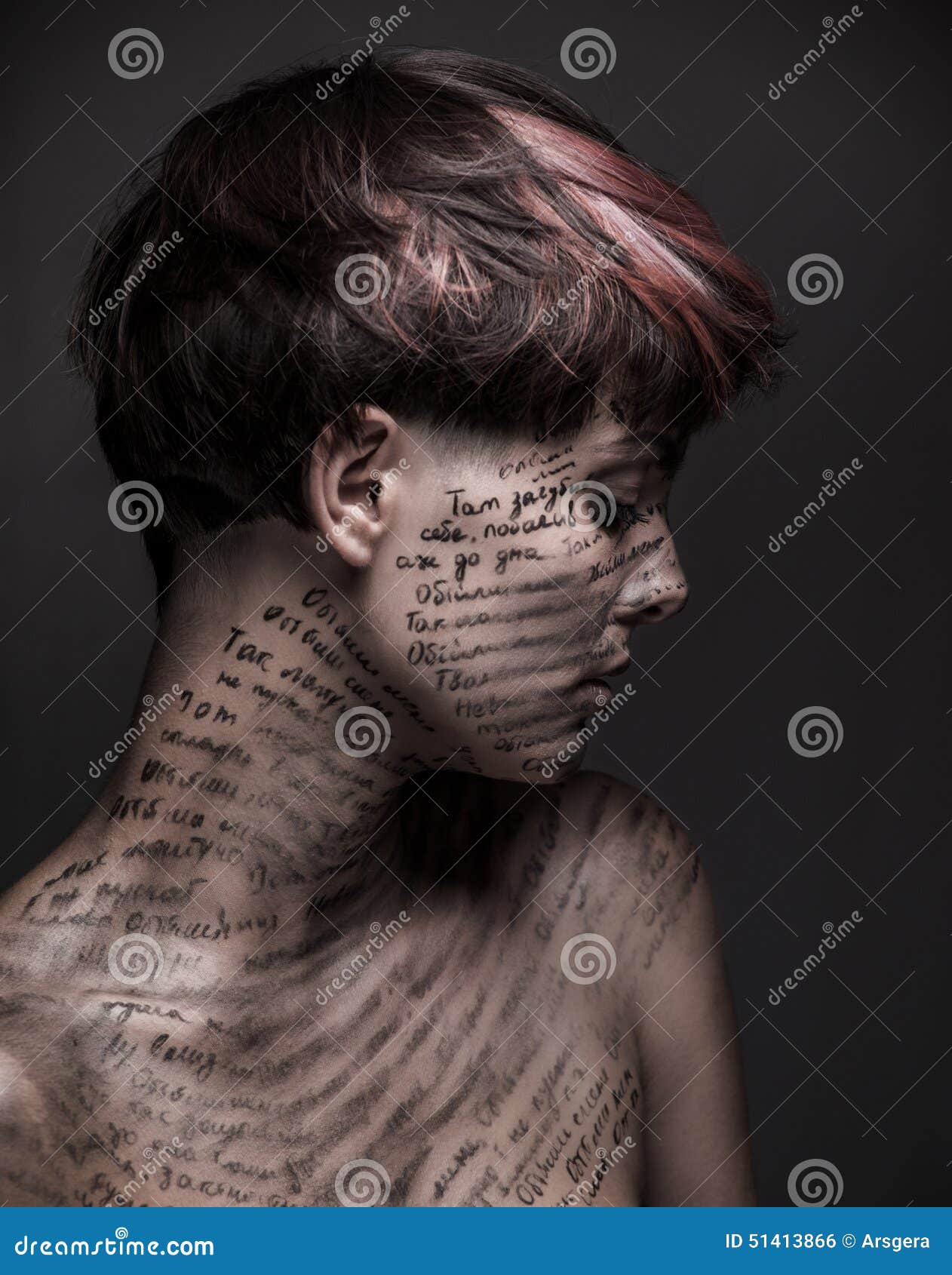 Sad Girl With Writing And Erased Text On Her Body Stock