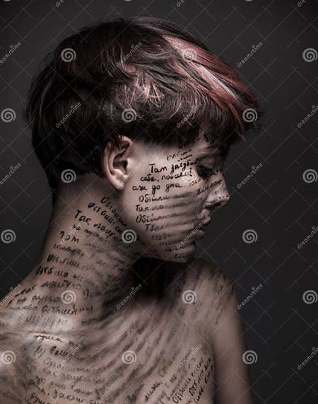 Sad Girl with Writing and Erased Text on Her Body Stock Photo - Image ...