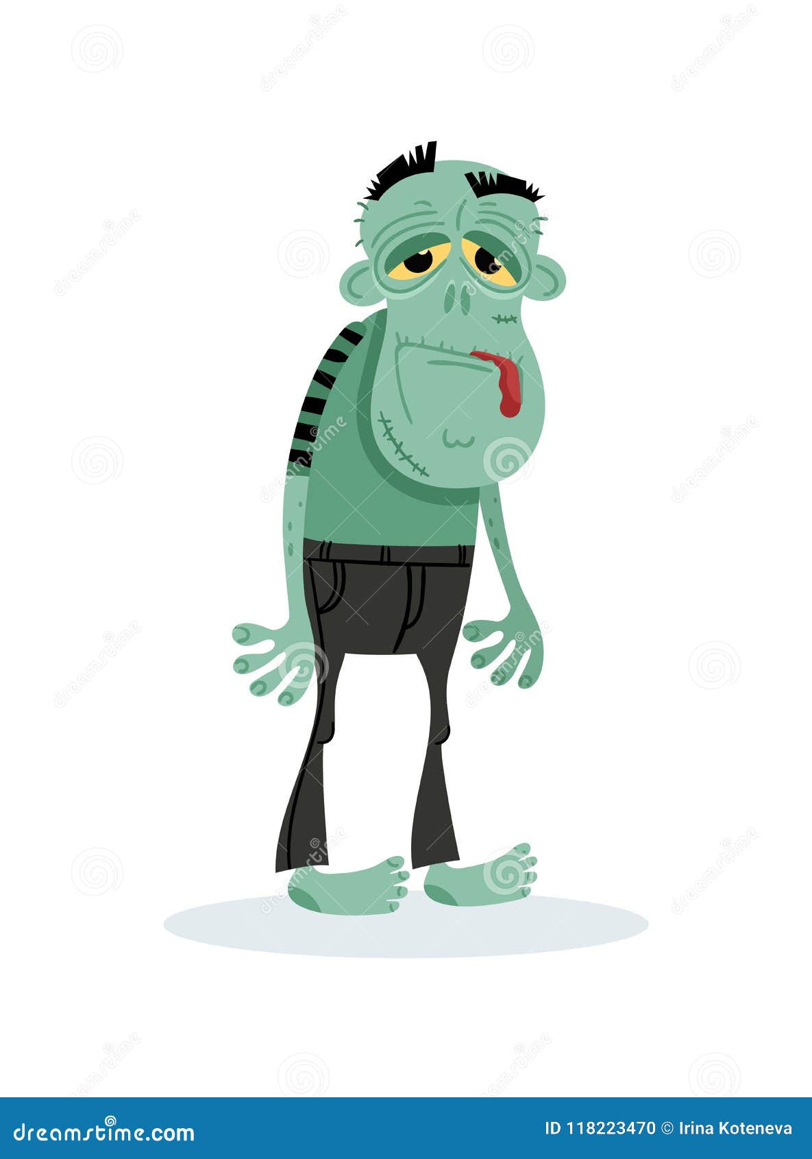 sad green zombie character in cartoon style