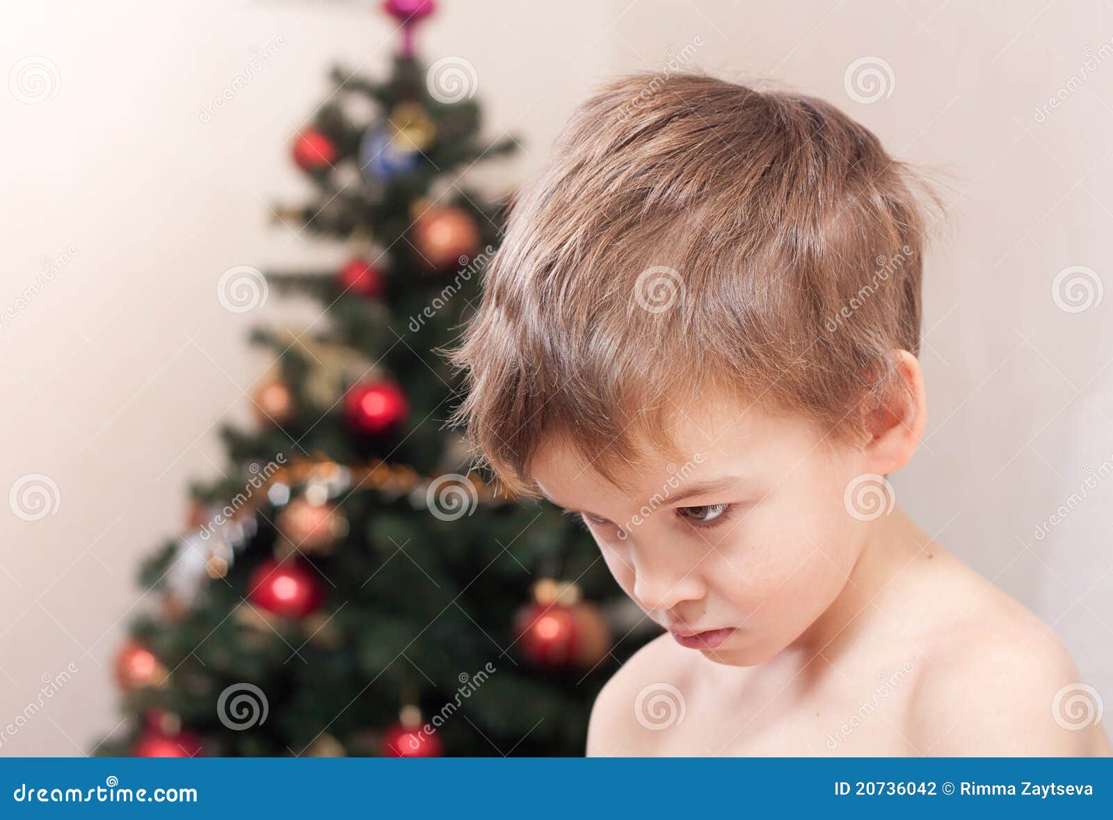 Sad Little Boy About The Christmas Tree. Stock Photography Image