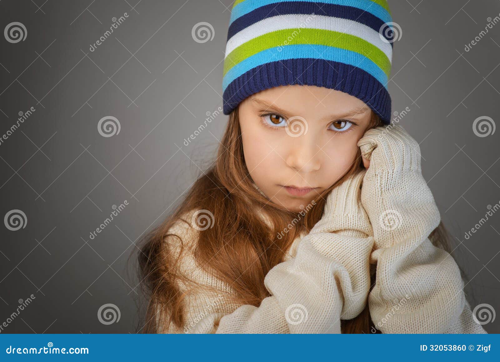 Sad Little Girl in Knitted Cap Stock Photo - Image of lonely, beauty ...