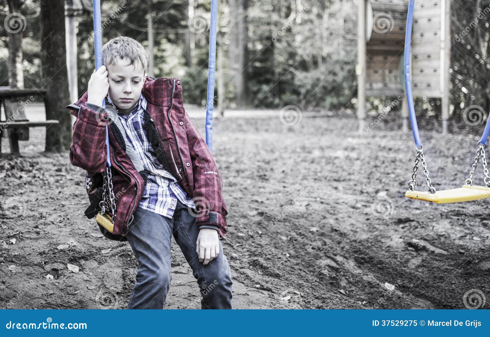 Sad Lonely Boy Sitting on Swing Stock Image - Image of little ...