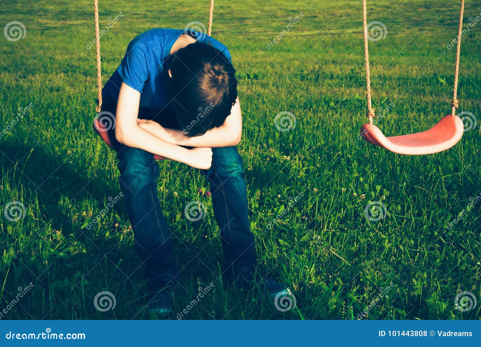 Sad Lonely Boy Sitting on Swing Stock Photo - Image of school ...