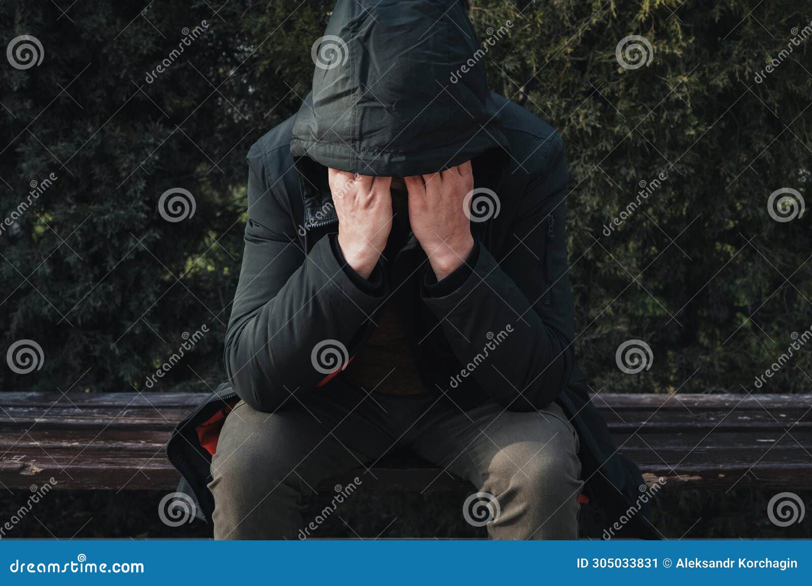 Sad Lonely Man Homeless Depressed and Upset Sits on Park Bench and ...