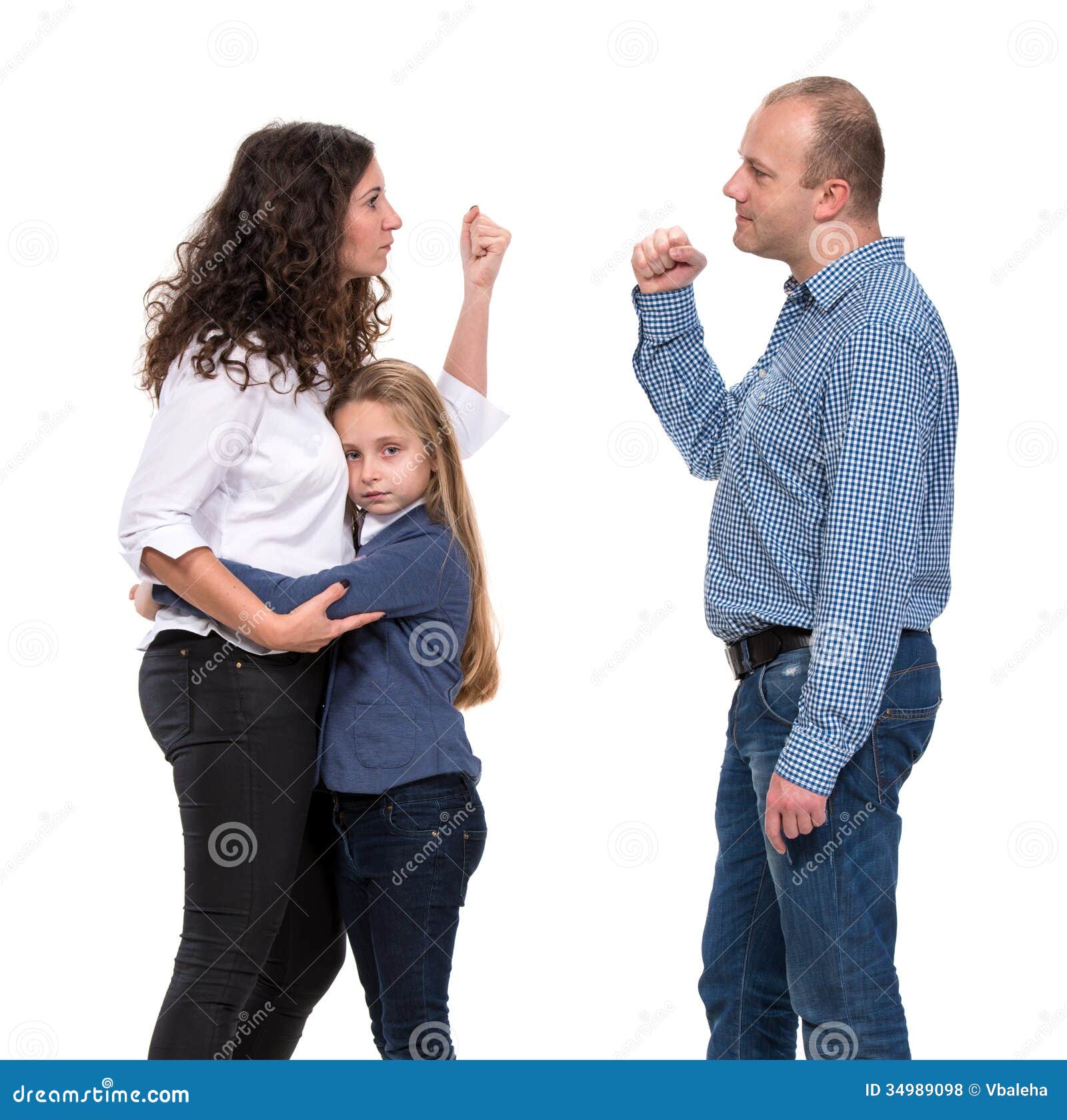 sad looking girl her fighting parents white background 34989098