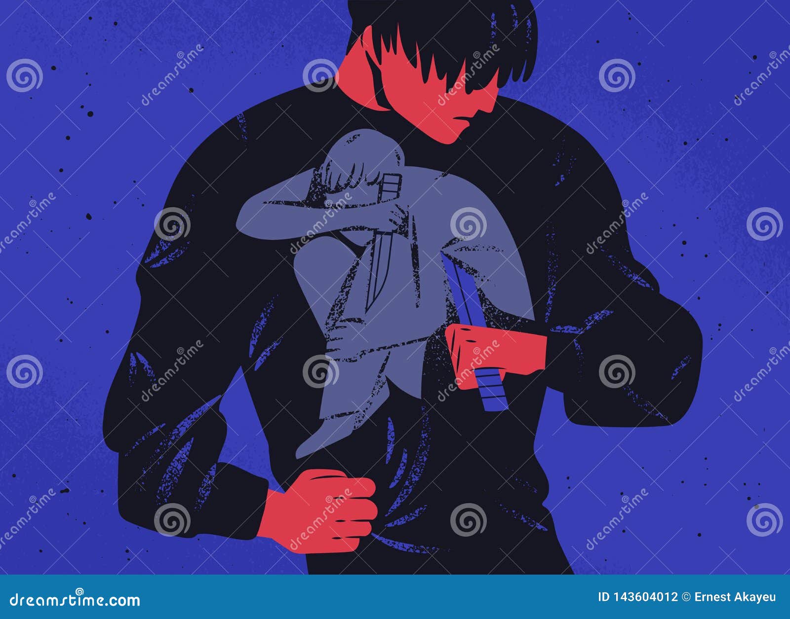 sad man and his inner personality holding knife. concept of internal fight, war, struggle with self, wrestle with