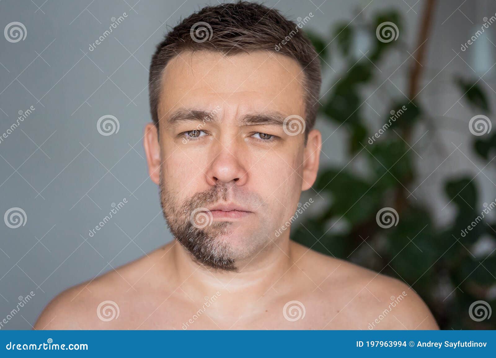 Sad Man with Stubble on One Side, Shaved on Other Stock Photo - Image of  humor, routine: 197963994