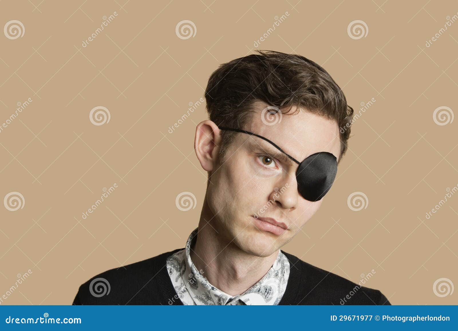 Sad Mid Adult Man Wearing Eye Patch Over Colored Background Stock Image