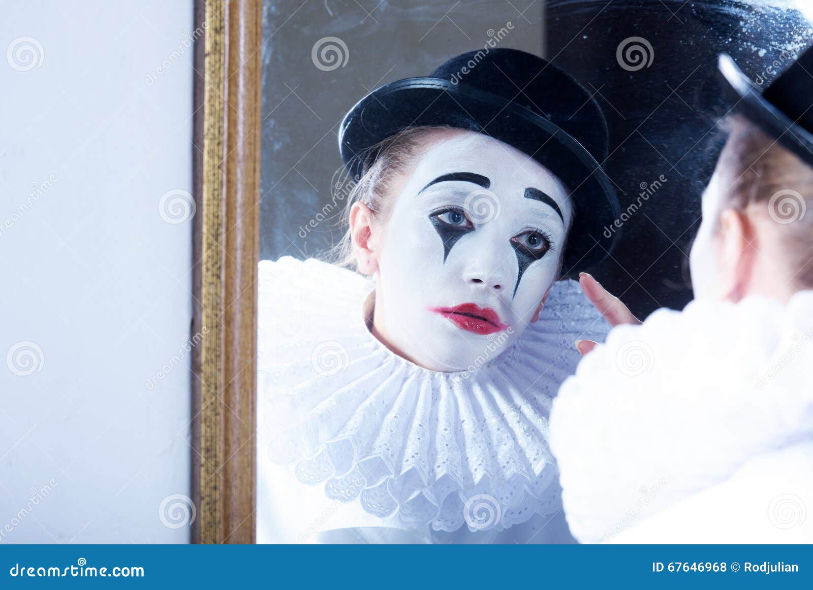 Sad Mime Pierrot Looking at the Mirror Stock Photo - Image of mirror ...