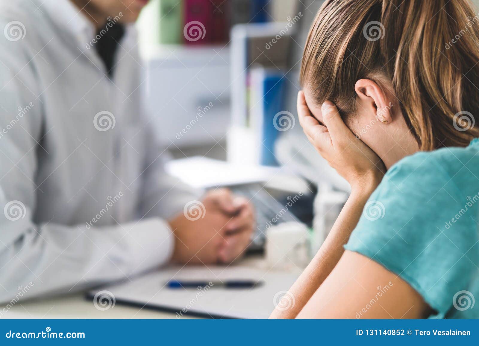 sad patient visiting doctor. young woman with stress or burnout getting help from medical professional or therapist.