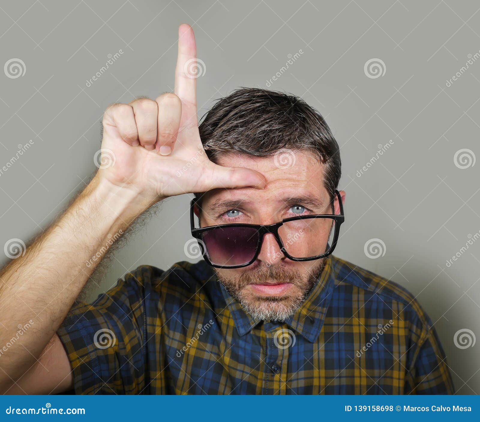 Sad and Ridiculous Man in Weird Broken Nerdy Glasses Doing Loser Sign with  Hand and Fingers on His Forehead with Funny Depressed Stock Photo - Image  of sarcasm, insult: 139158698