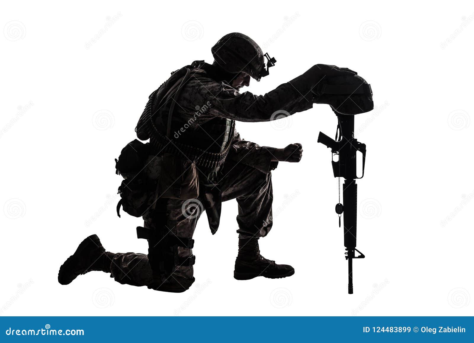 Sad Soldier Kneeling Because Of Friend Death Stock Image - Image of