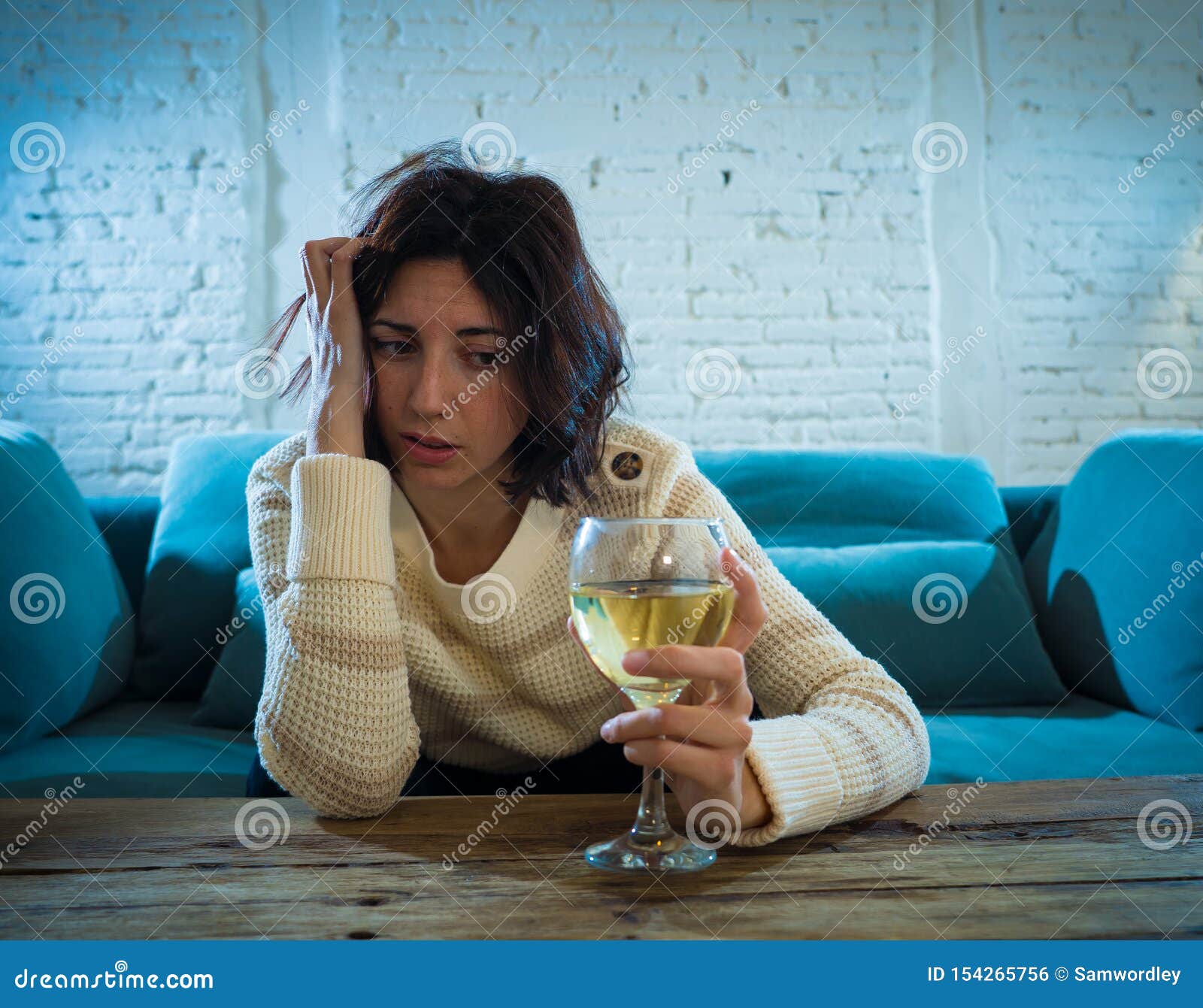 Sad, Unhappy, Helpless Woman Drinking Wine Alone At Home ...