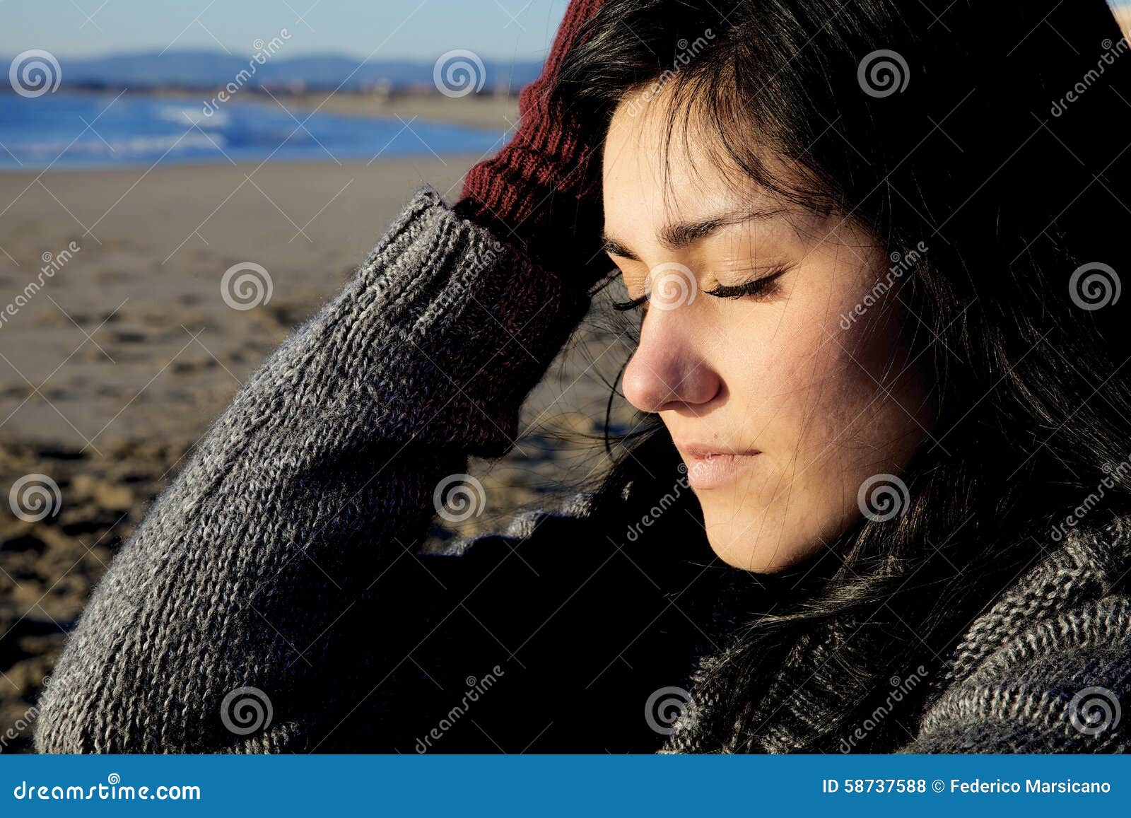 Sad Woman with Closed Eyes Feeling Pain on Beach Stock Photo ...