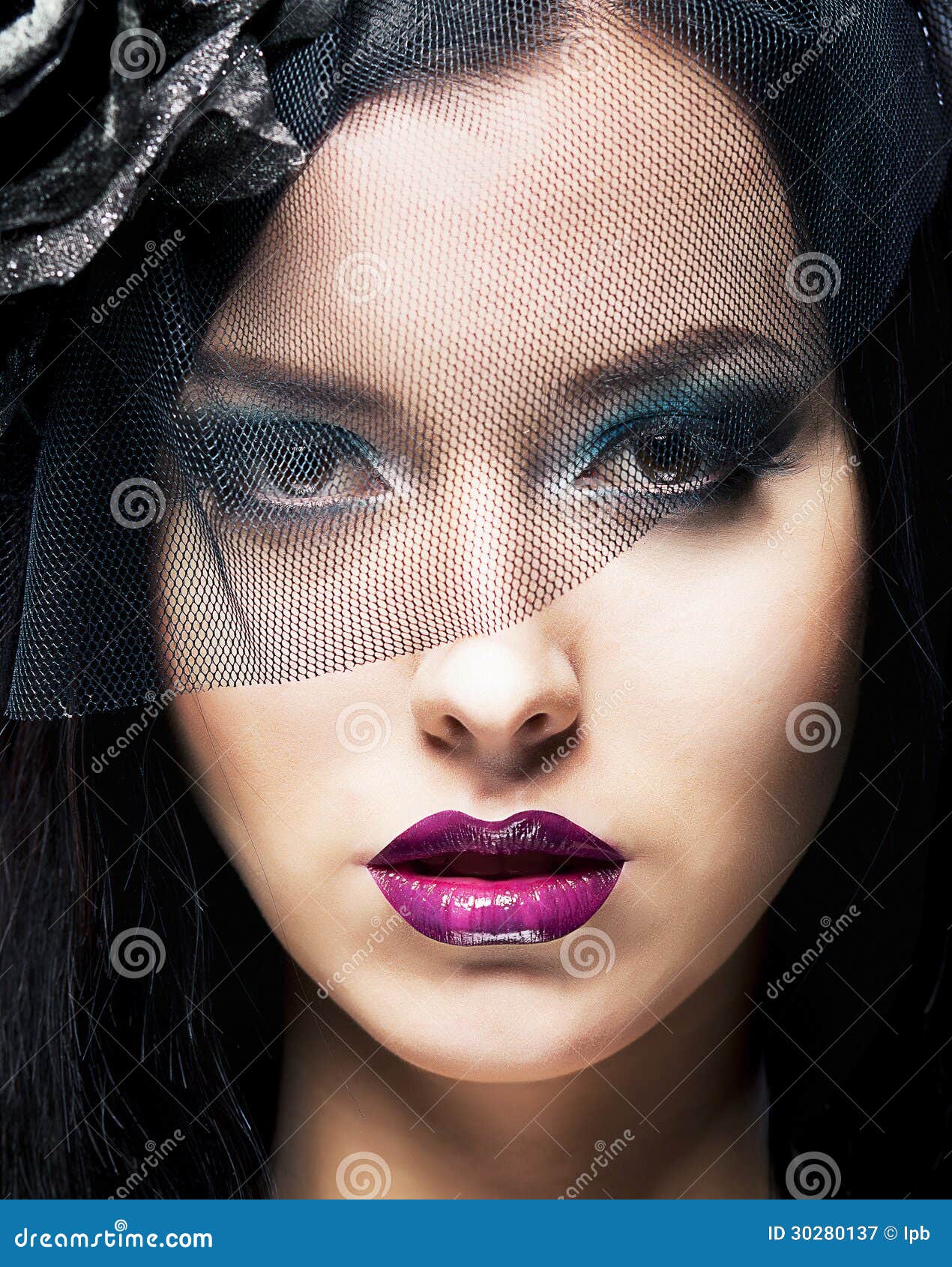 Romance. Portrait of Spectacular Styled Woman in Retro Black Veil Stock