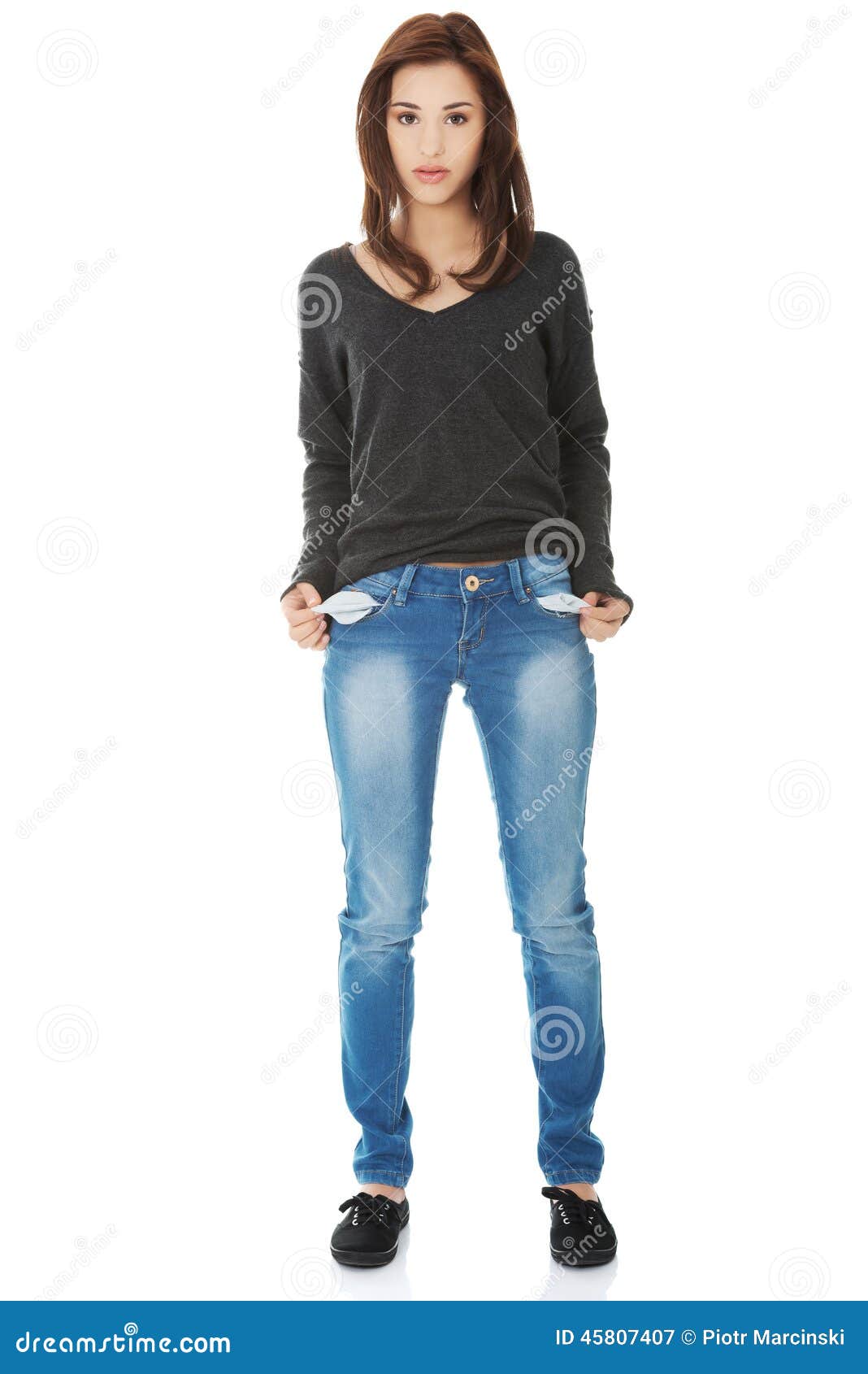 Sad Woman Taking Out Empty Pockets Stock Image - Image of pocket ...