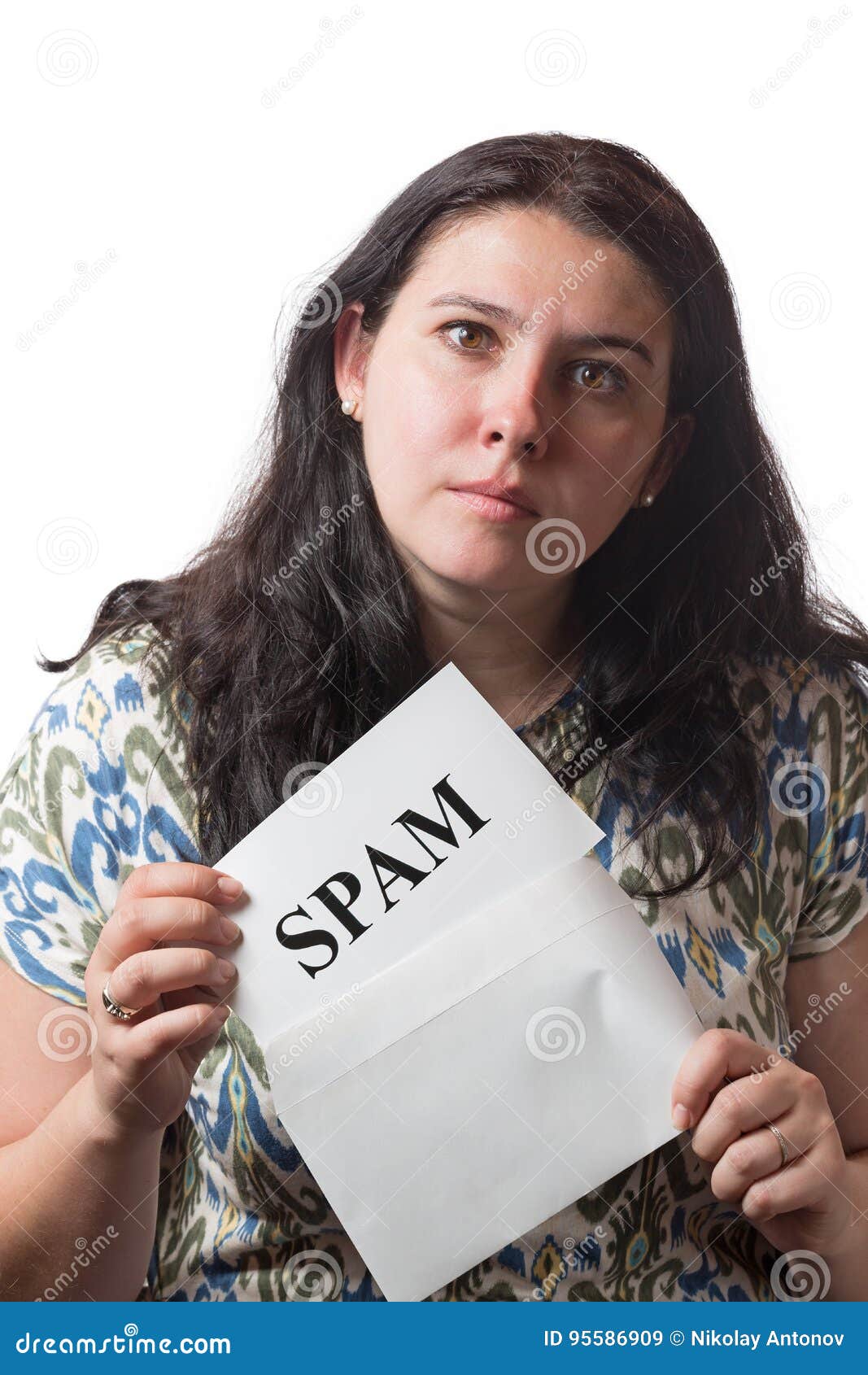 Sad Woman Is Taking Spam Mail From Envelope Isolated On White 