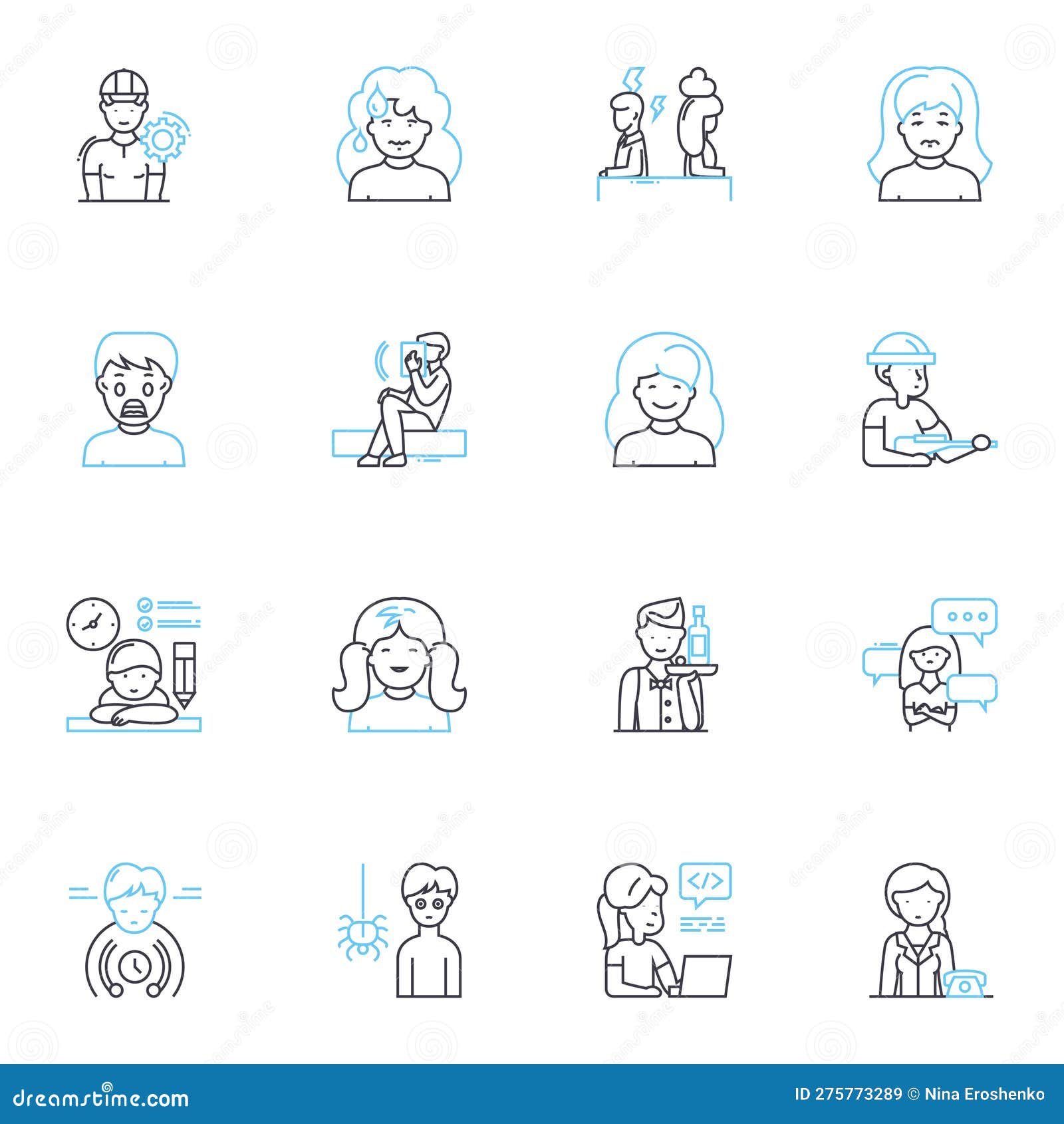 sadness expressions linear icons set. anguish, despair, sorrow, grief, melancholy, heartache, misery line  and