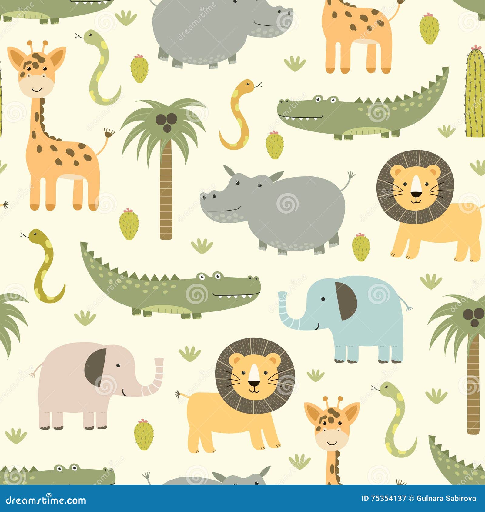 safari animals seamless pattern with cute hippo, crocodile, lion