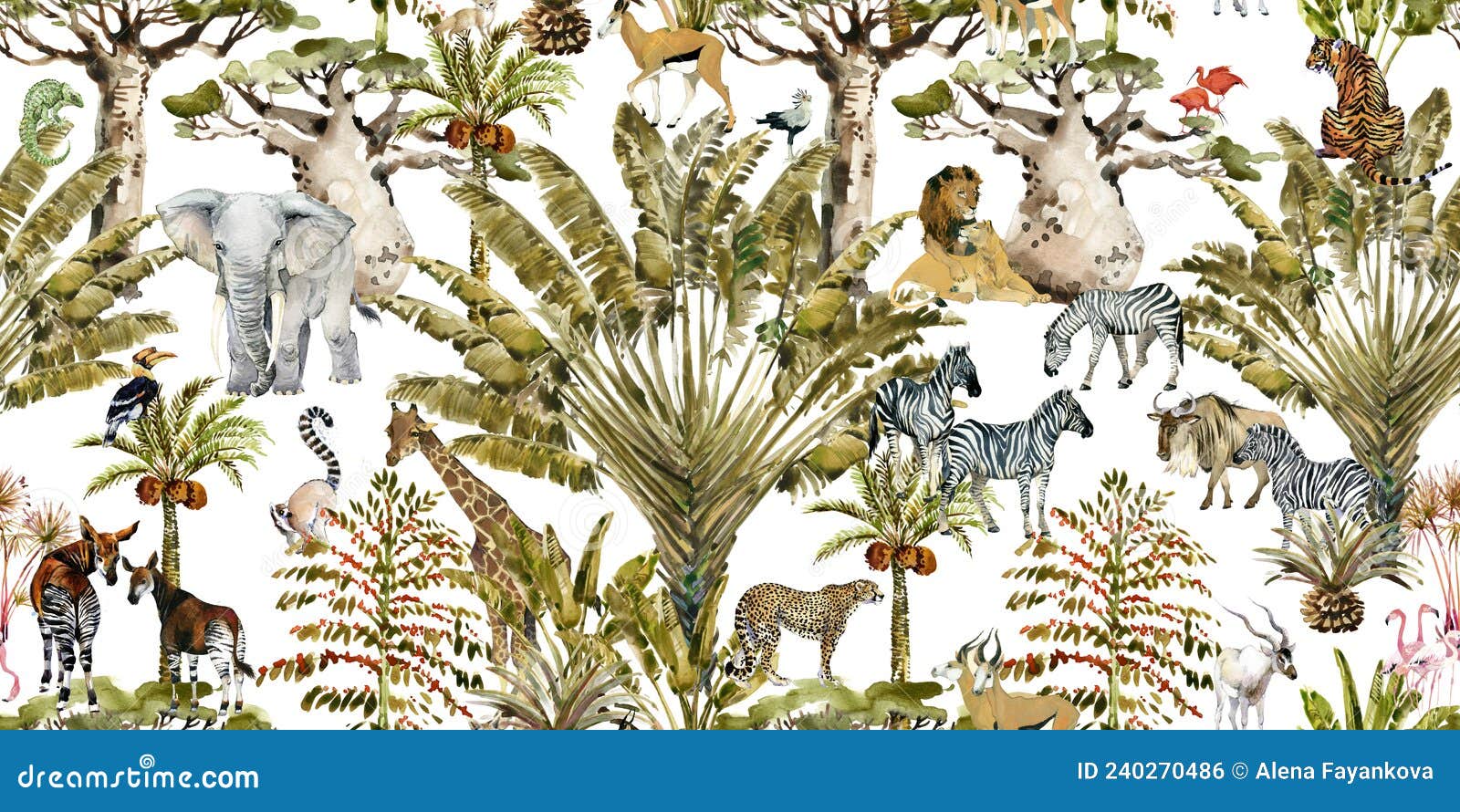 Safari Wildlife Seamless Pattern. Wild Animal in Exotic African Plants  Watercolor Illustration Stock Illustration - Illustration of hawaiian,  bird: 240270486