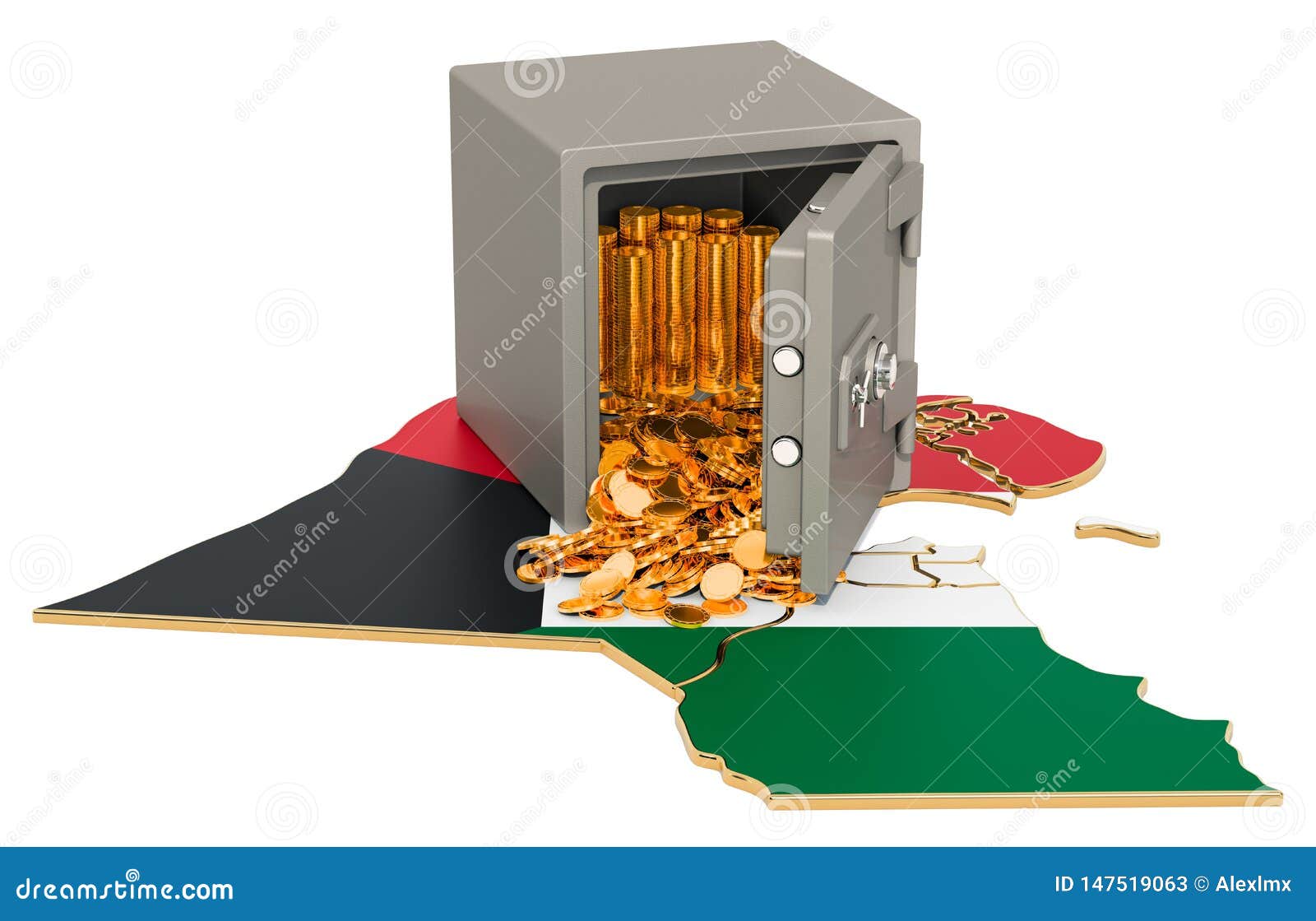 Safe Box with Golden Coins on the Map of Kuwait, 3D Rendering Stock