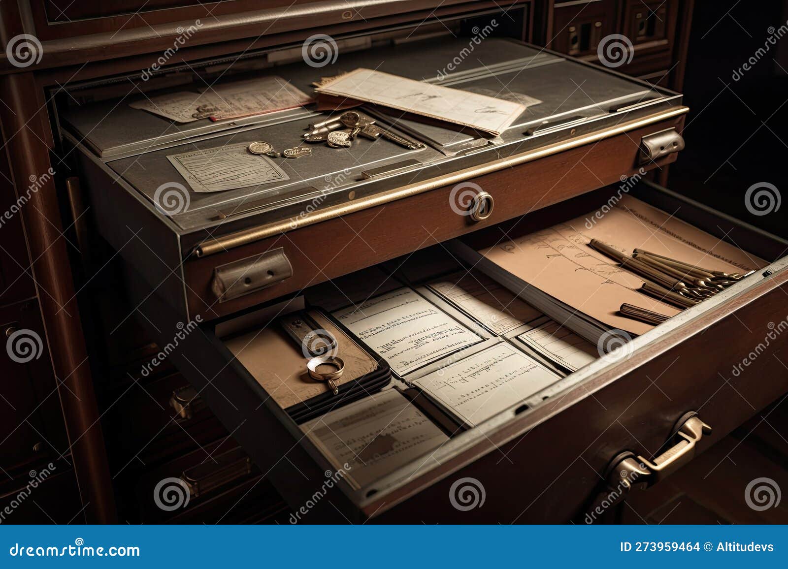 Safe Deposit Box, with Key Visible on Top, and Stack of Important