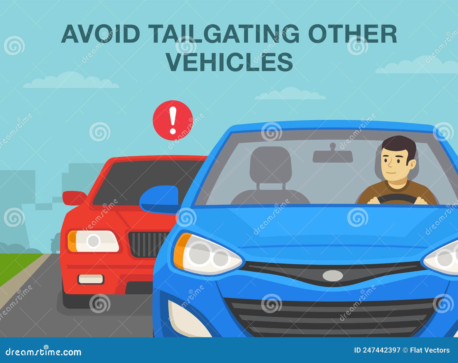 safe driving rules and tips. avoid tailgating other vehicles. young male driver looking at rear mirror while driving a car.