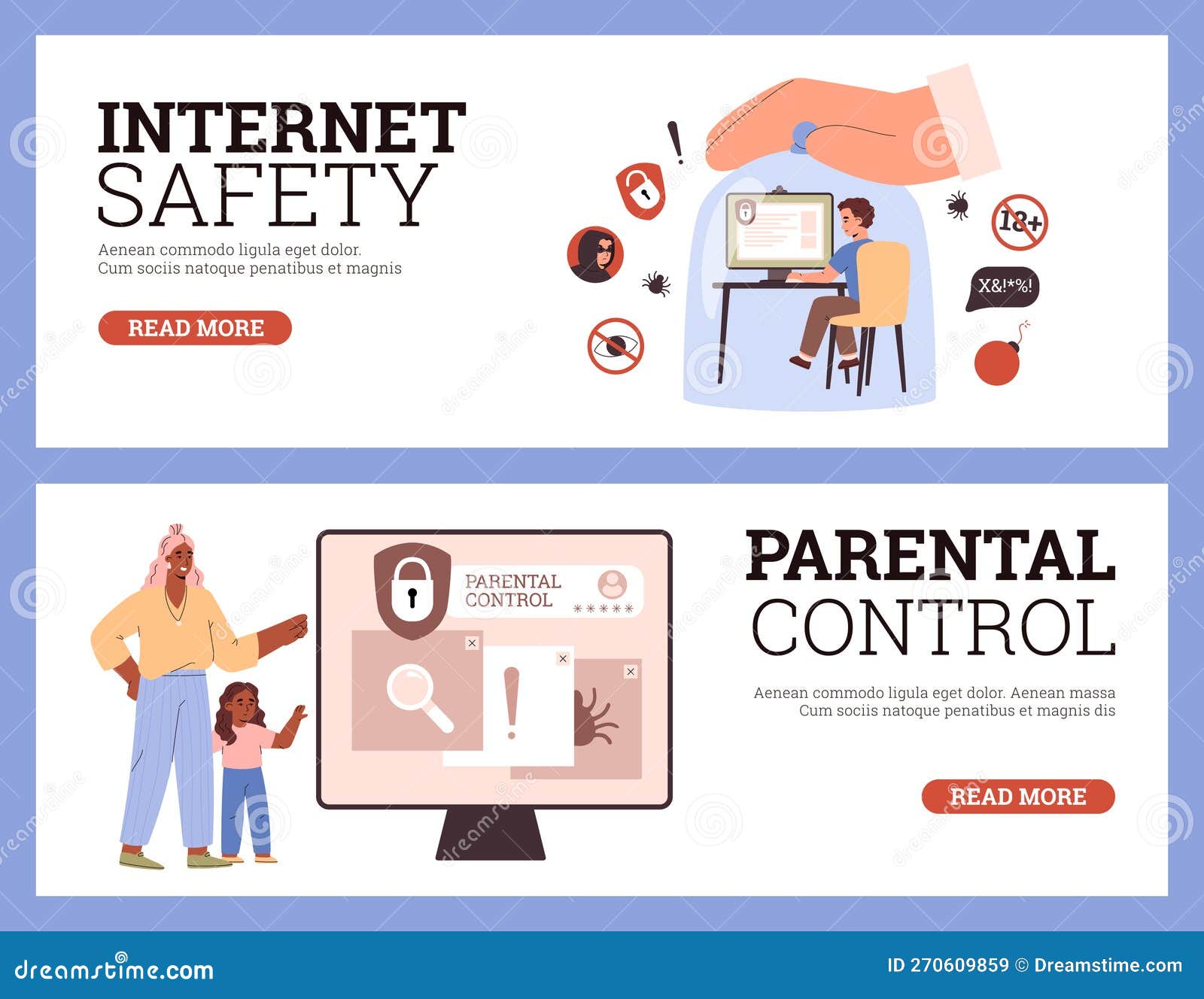 Safe Internet And Parental Control Of Kids Online Poster Set Flat safe-internet-and-parental-control-of-kids-online-poster-set-flat