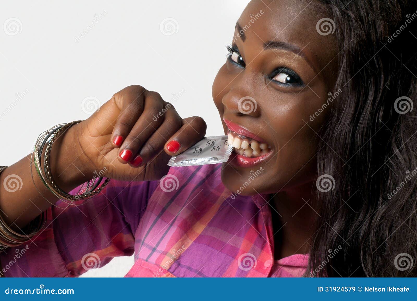 African American Girl Biting Condom Safe Sex Stock Image Image Of