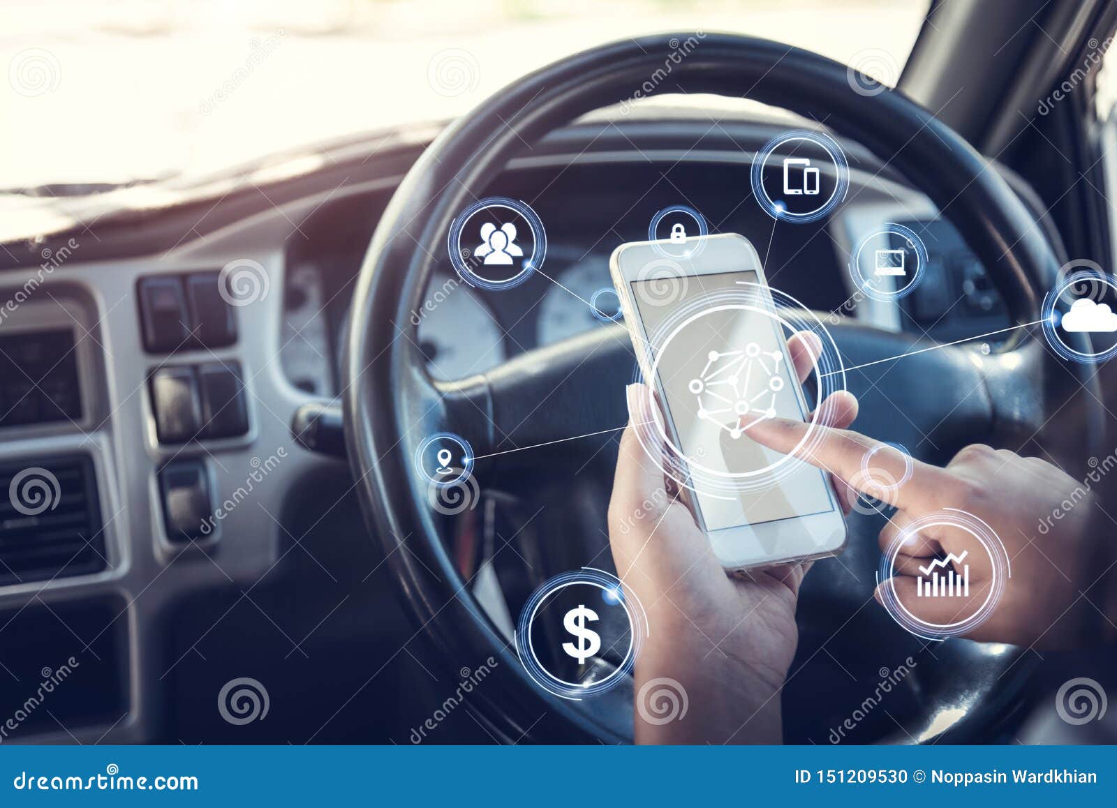 safety concept,hands using smartphone setting the navigation before driving car