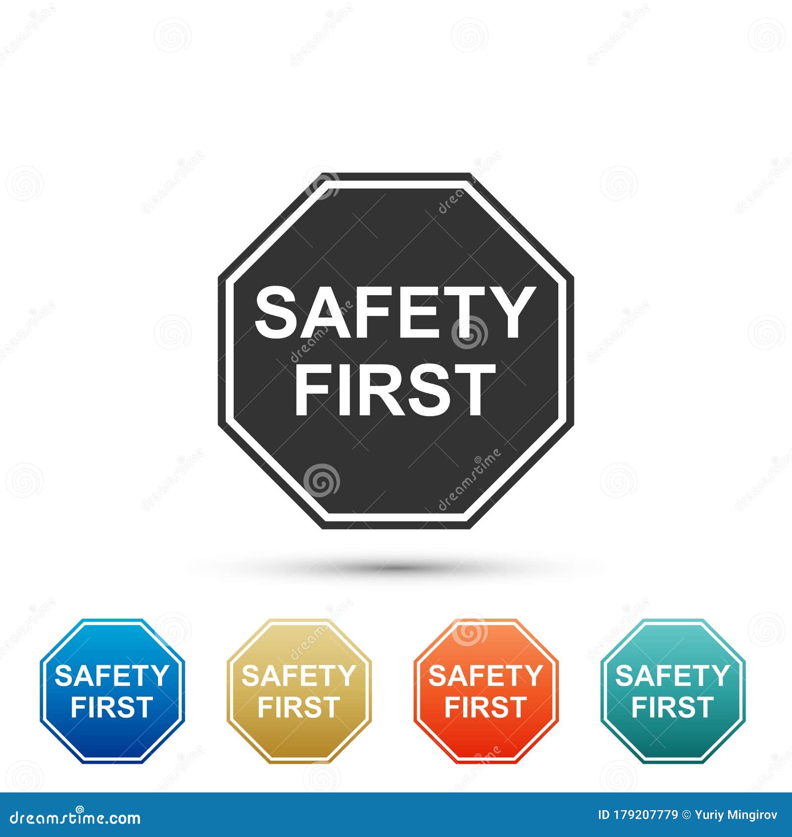 Safety First Octagonal Shape Icon Isolated on White Background. Set