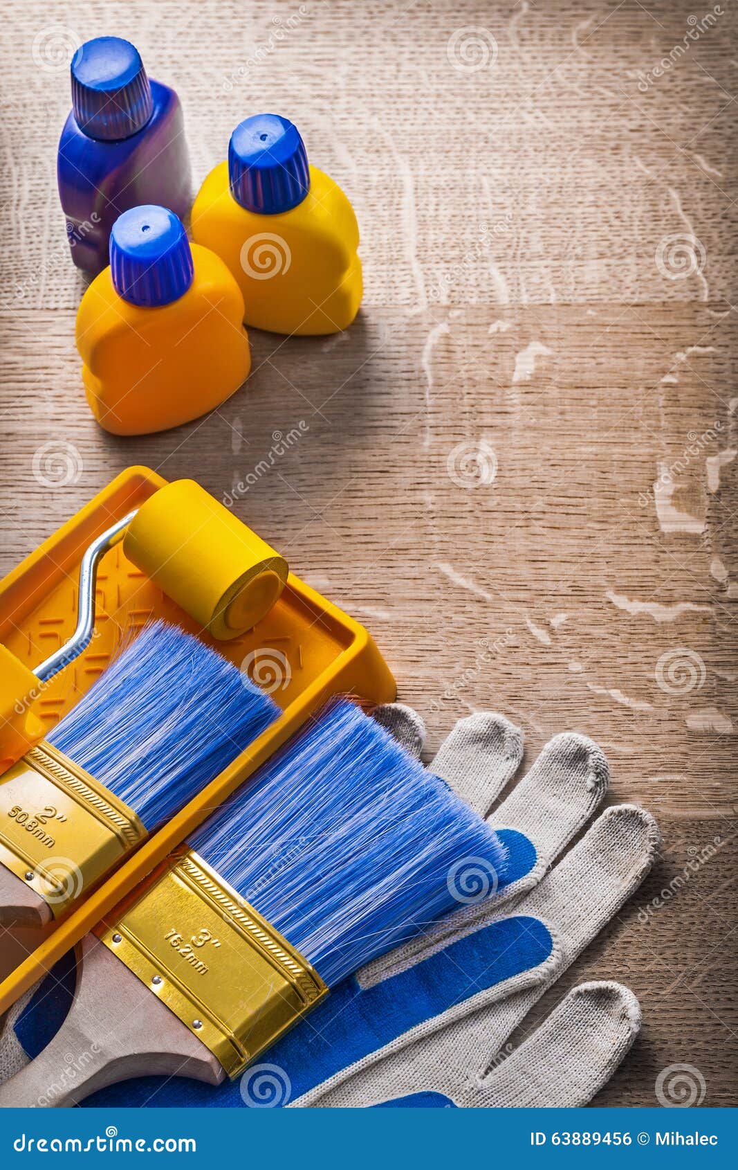 Safety Gloves Paint Brush Roller Tray Bottles Stock Photo Image of