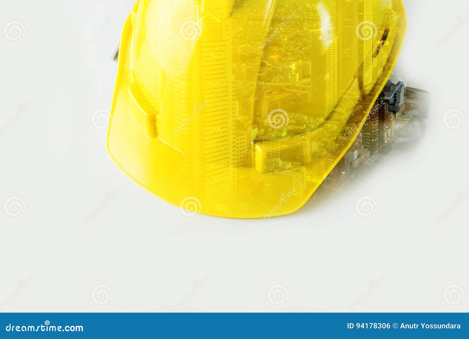 Safety Helmet with City Double Exposure for City Builder Stock Photo
