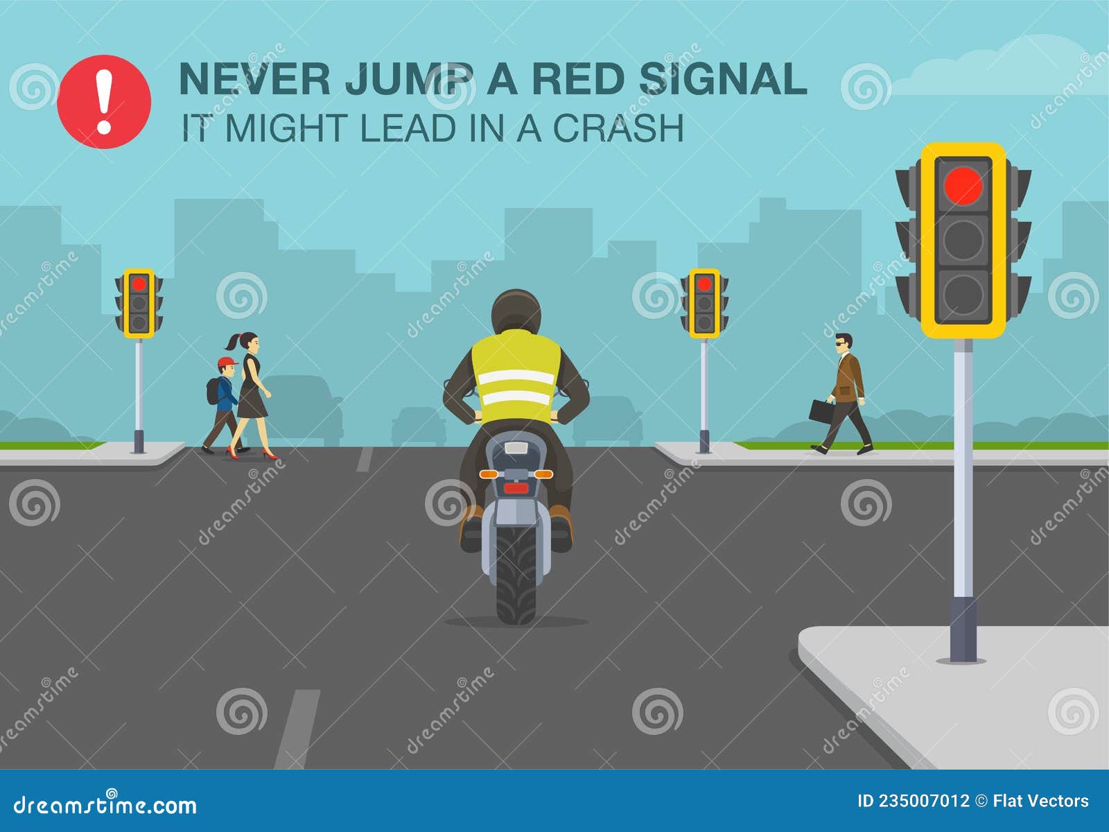 safety motorcycle driving rule. never jump a red signal, it might lead in a crash warning poster .
