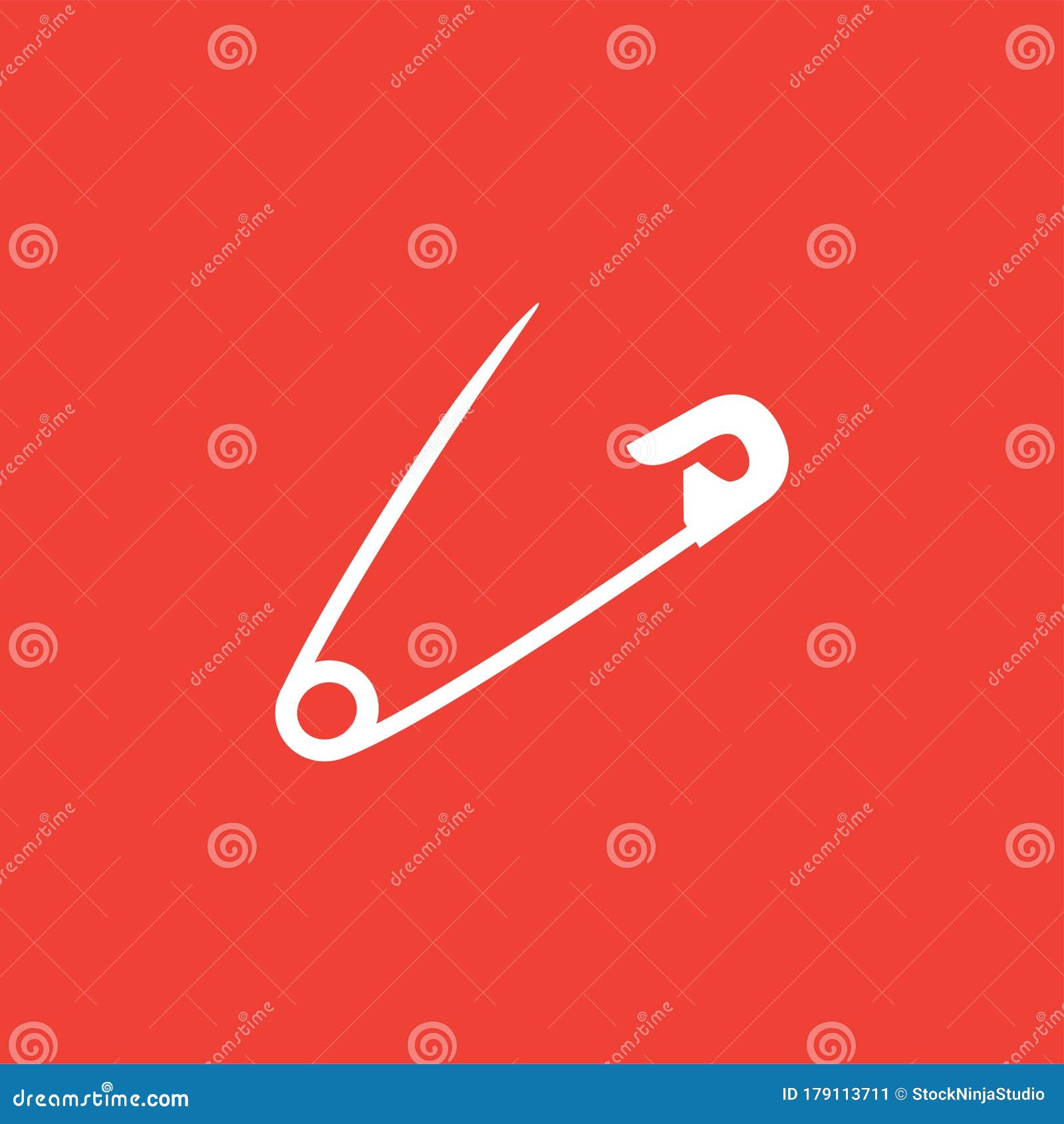 Safety Pin Icon on Red Background. Red Flat Style Vector Illustration