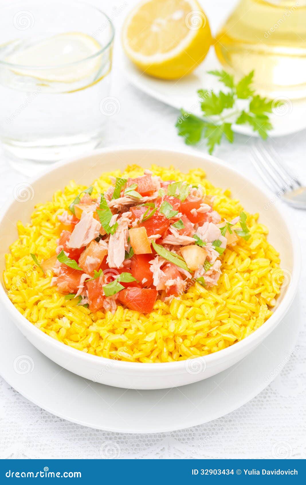Saffron Rice with Tuna, Tomatoes, Peppers and Herbs Stock Photo Image