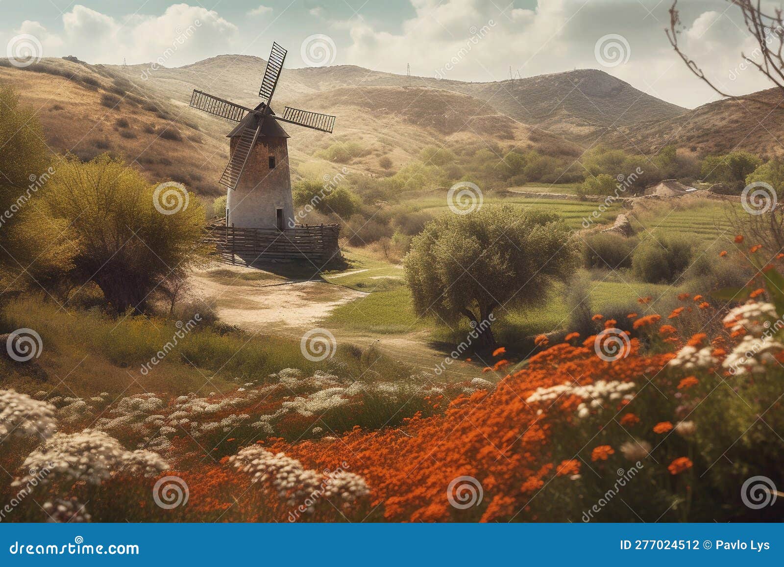 Saffron Valley Landscape Old Windmill. AI Generated Stock Illustration Illustration of spring