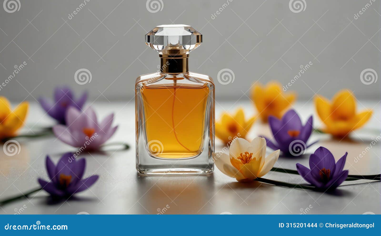 a safron crocus flower and beautiful glass for womens perfume bottle on plain white ai generated