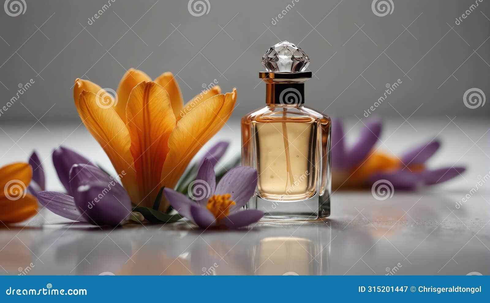 a safron crocus flower and beautiful glass for womens perfume bottle on plain white ai generated