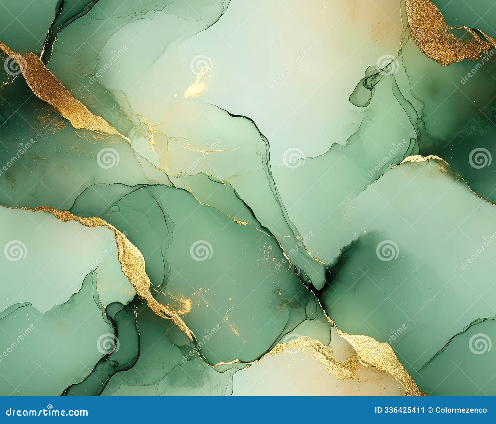 sage green hues and gold abstract ink art with flowing layers