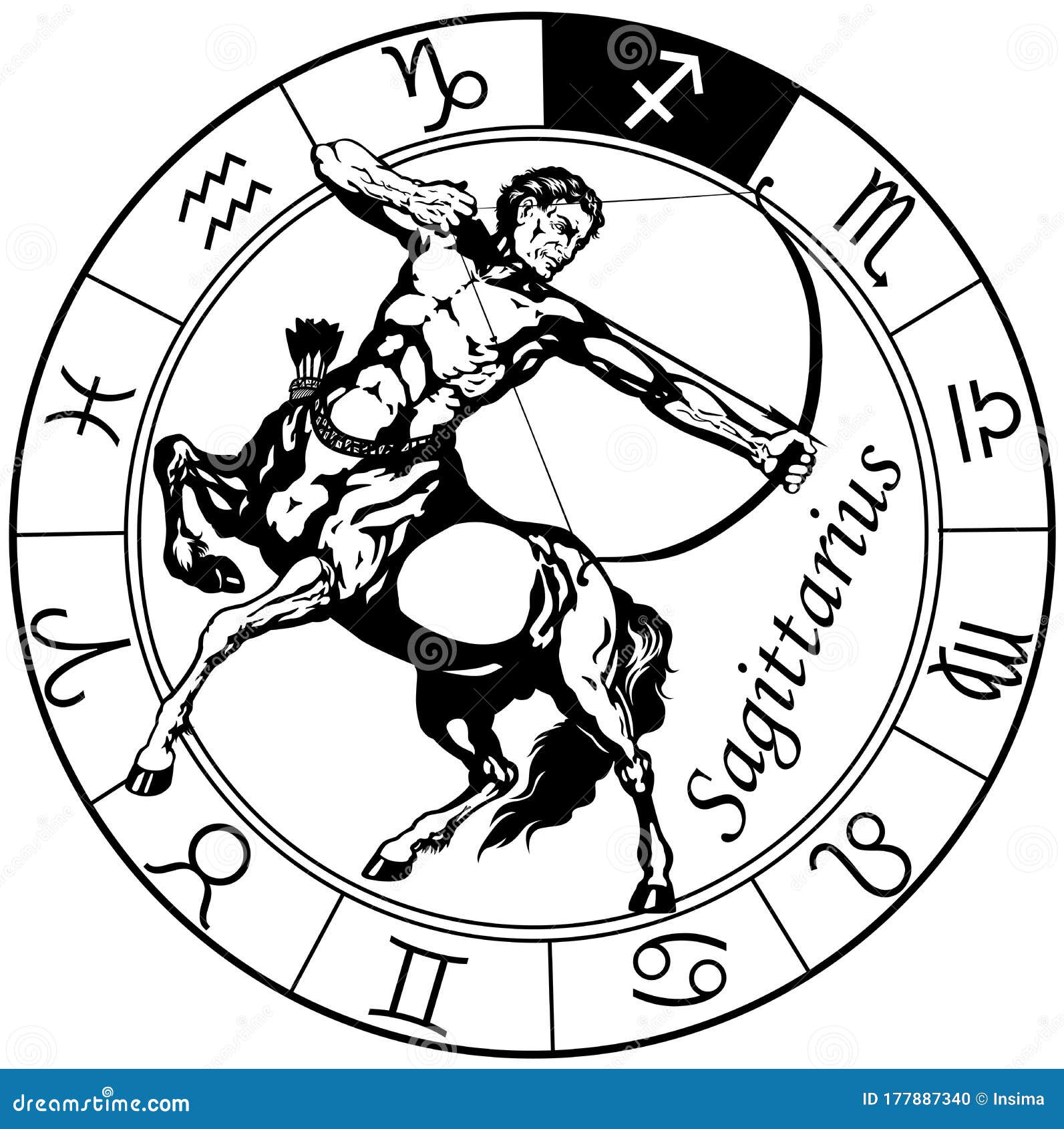 Sagittarius Astrological Zodiac Sign. Black and White Stock Vector ...